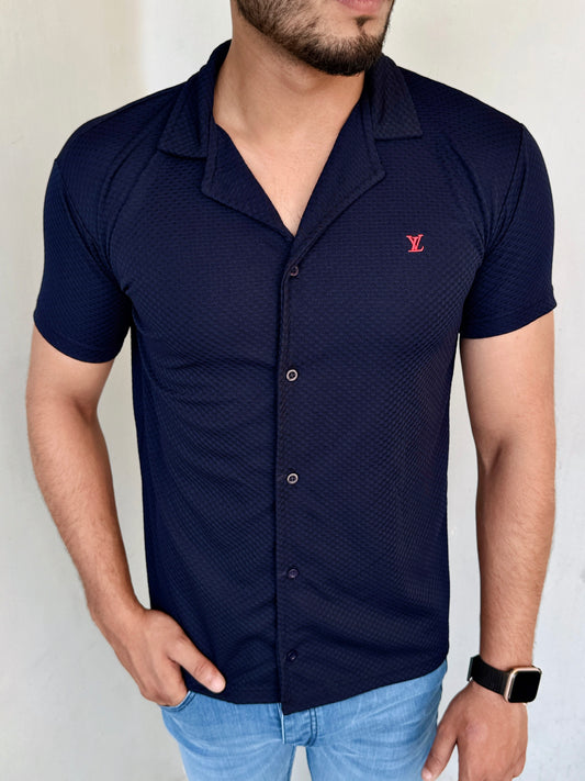 IMPORTED TEXTURE SAFARI SHIRT-ROYAL-BLACK