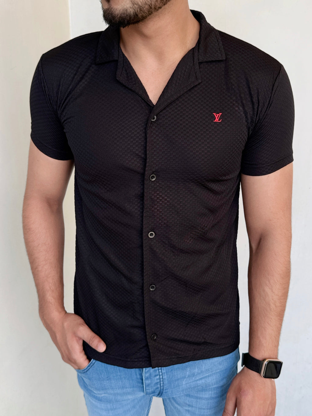 IMPORTED TEXTURE SAFARI SHIRT-BLACK