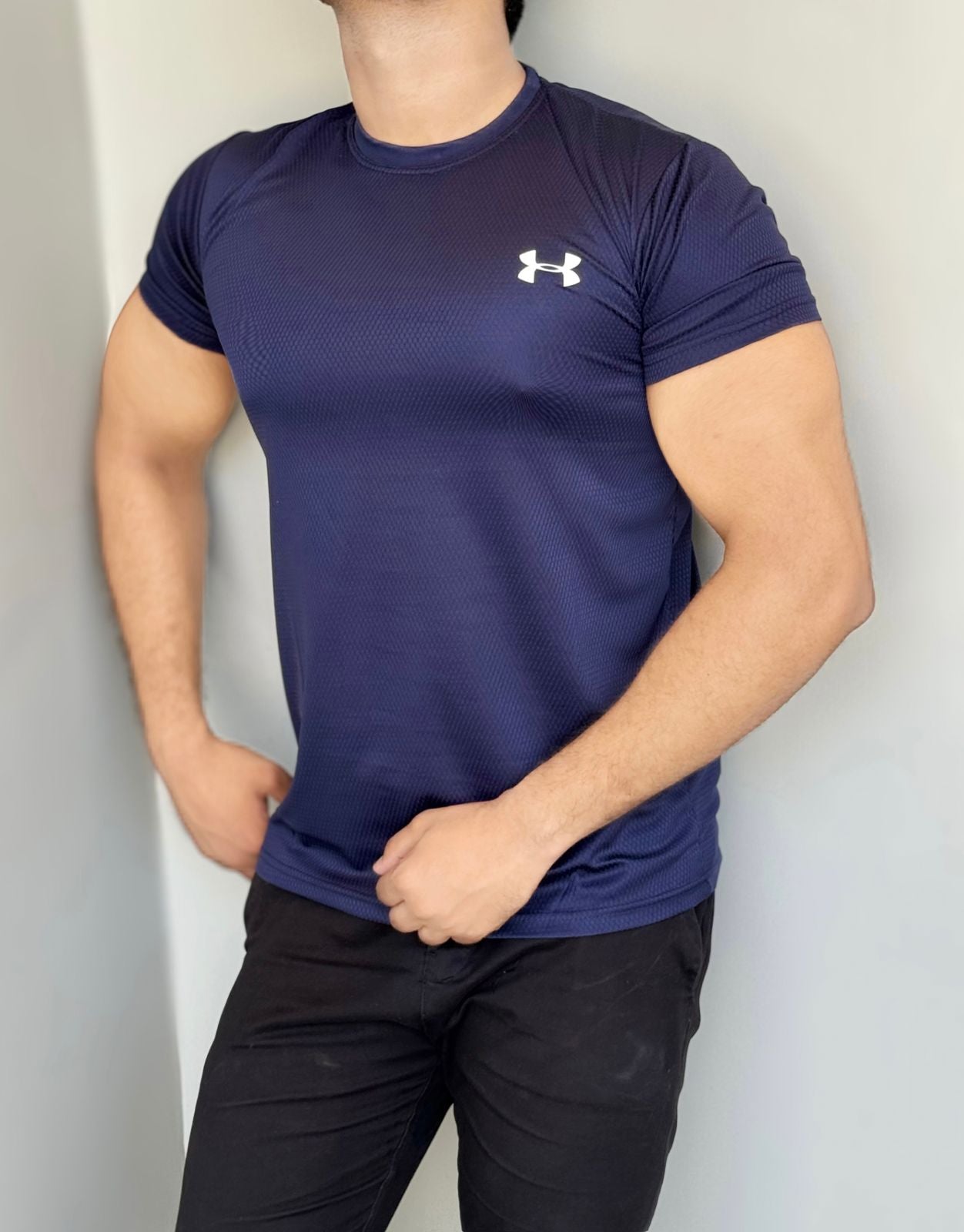 LYCRA COMFORT STYLISH HALF SLEEVES FORMAL T-SHIRT - NAVY BLUE