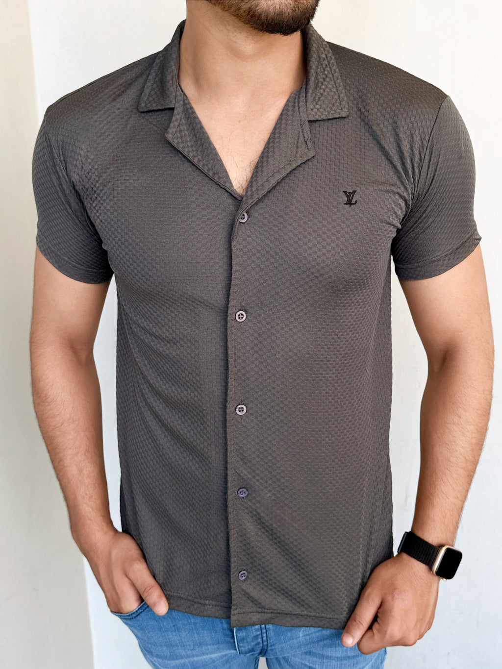 IMPORTED TEXTURE SAFARI SHIRT-GRAY