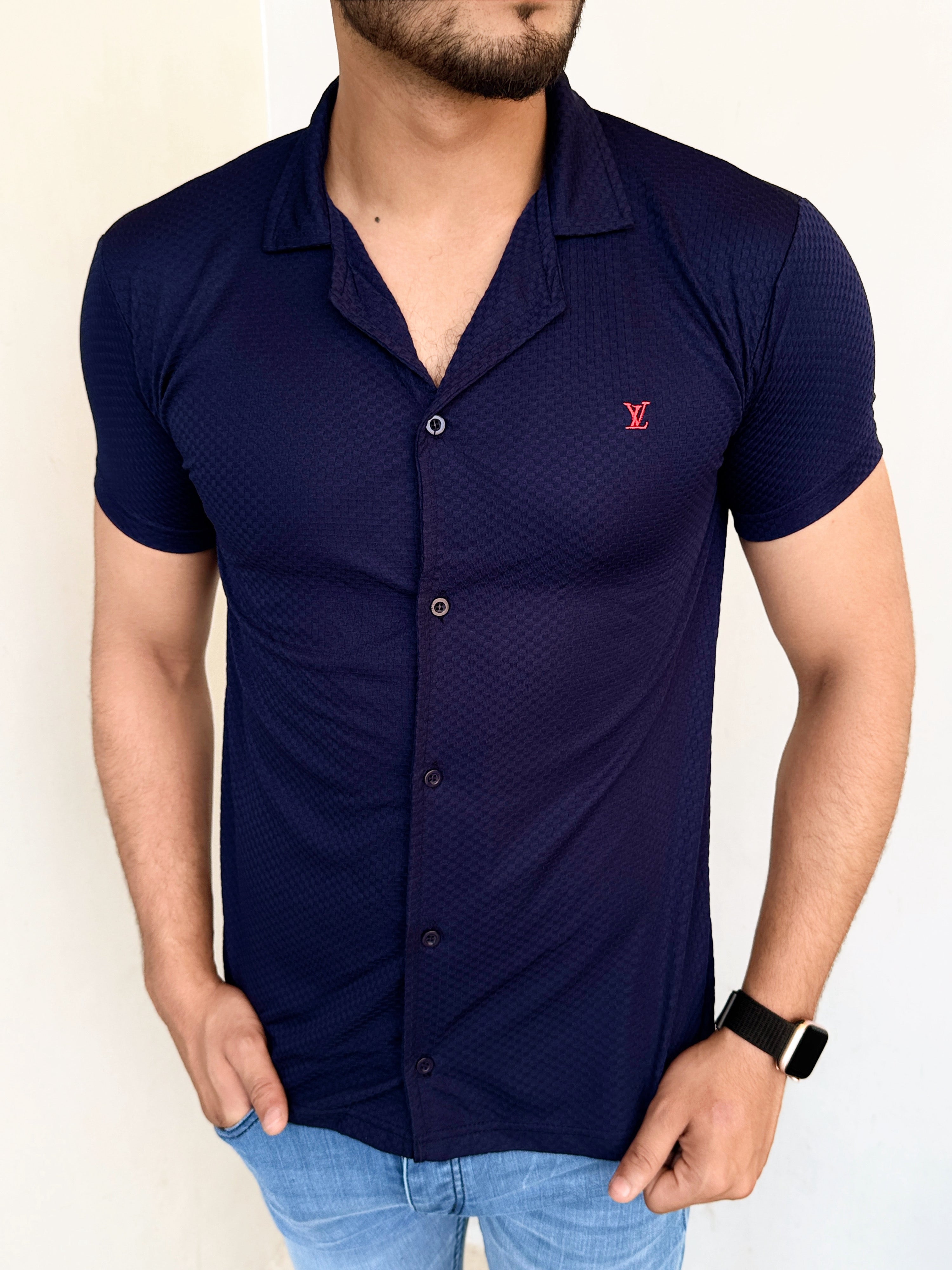IMPORTED TEXTURE SAFARI SHIRT-NAVY
