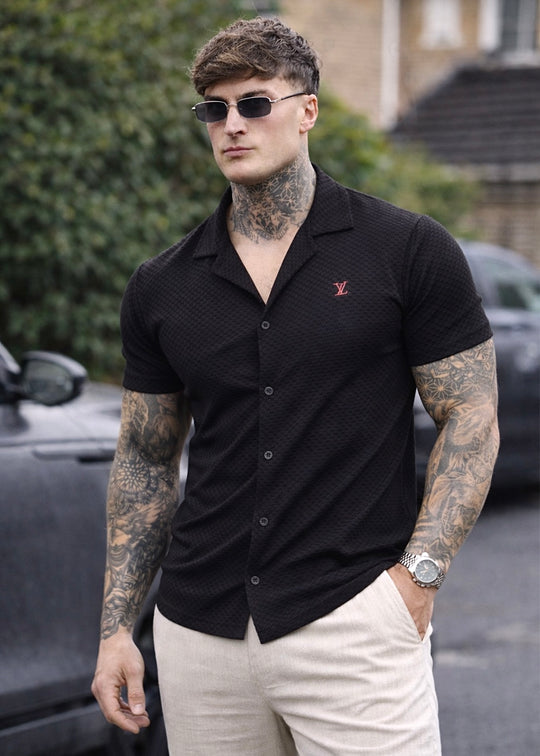 IMPORTED TEXTURE SAFARI SHIRT-BLACK