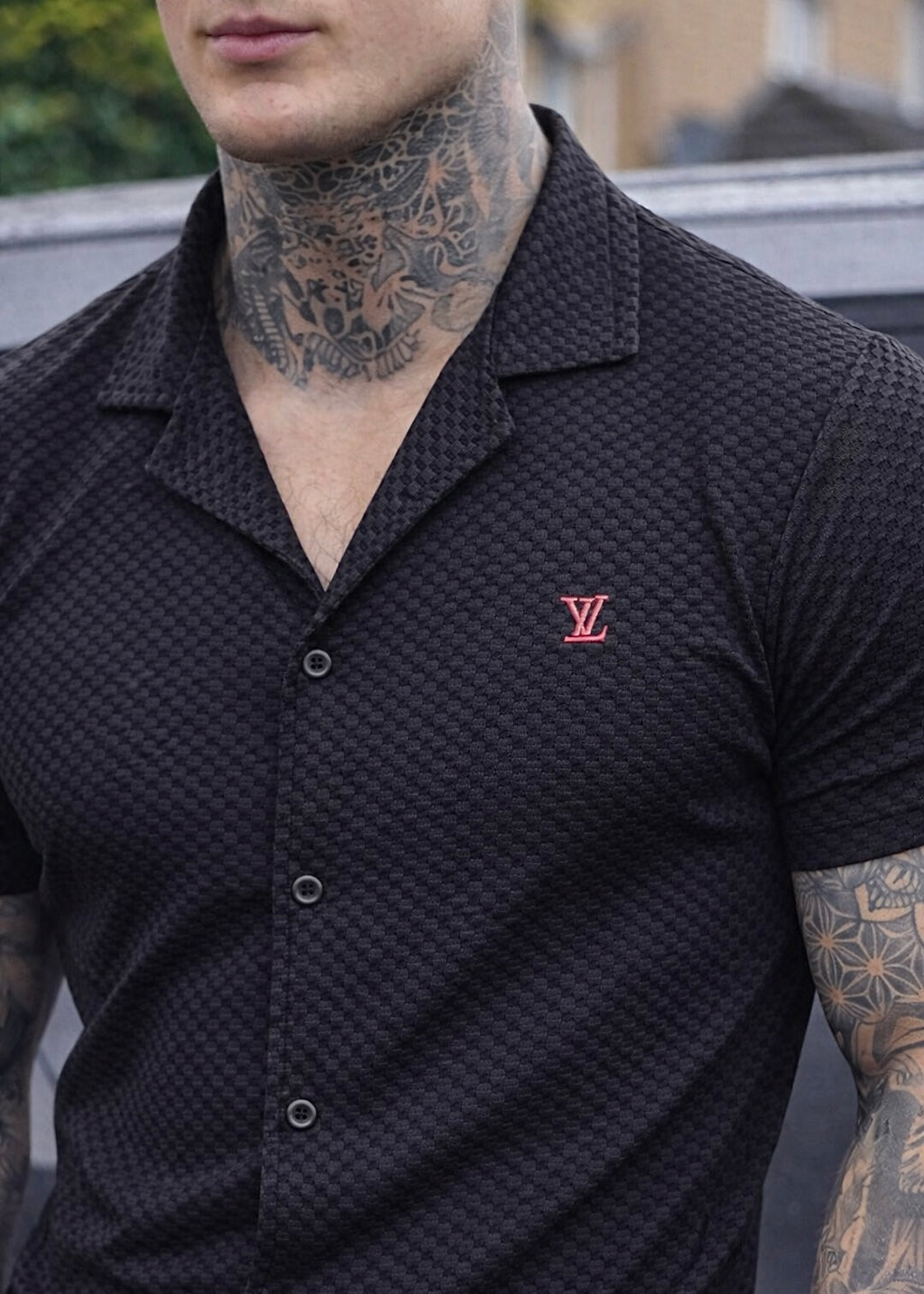 IMPORTED TEXTURE SAFARI SHIRT-CHARCOAL-BLACK