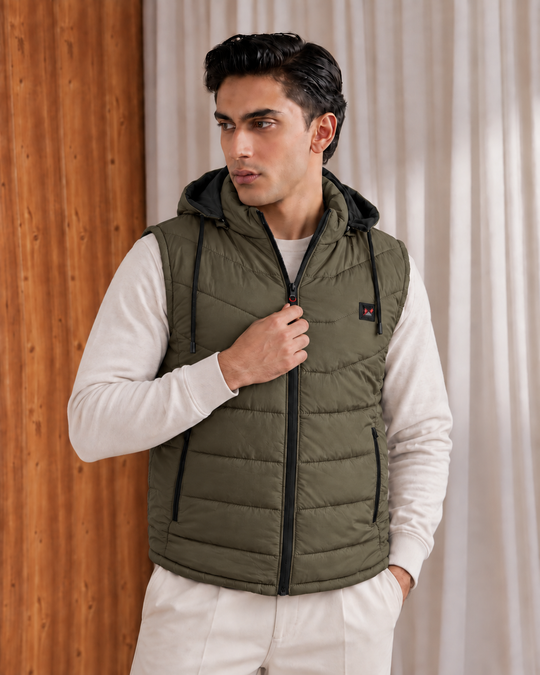 SLEEVLESS REMOVABLE & DETACHABLE JACKET-OLIVE
