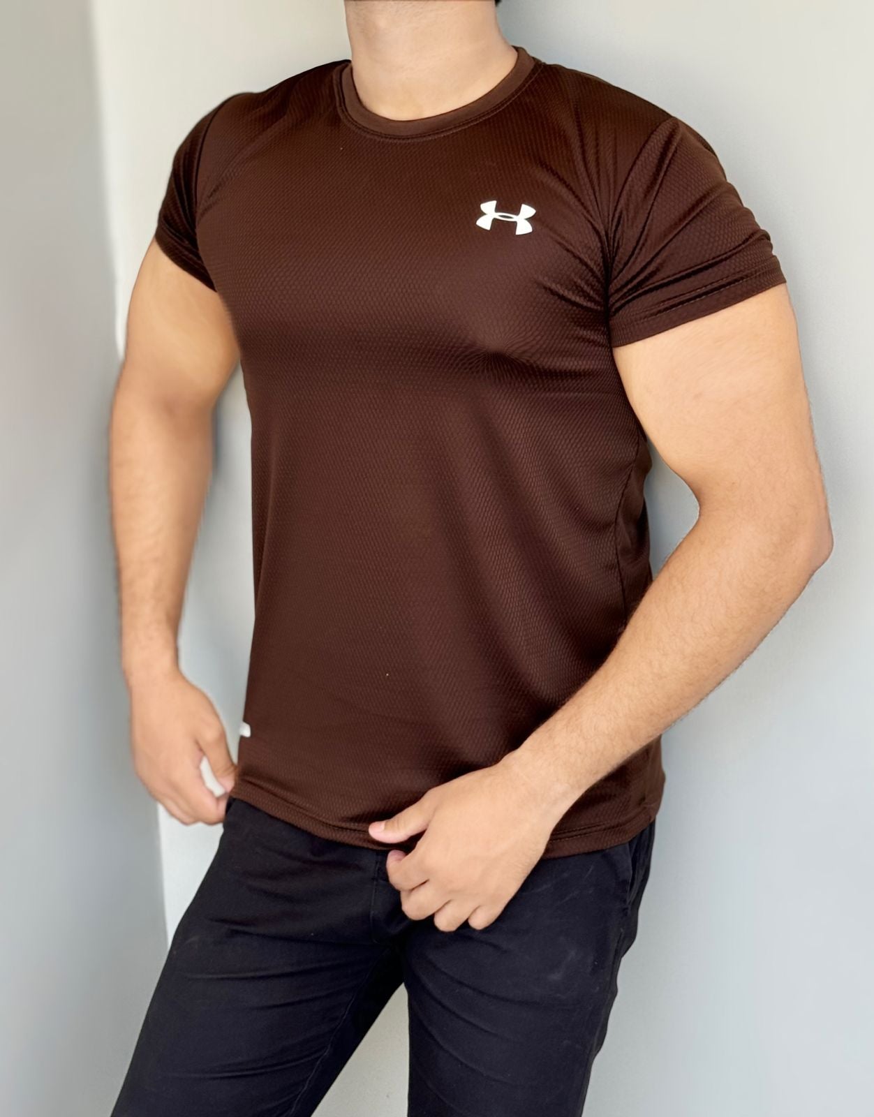 LYCRA COMFORT STYLISH HALF SLEEVES FORMAL T-SHIRT - BROWN