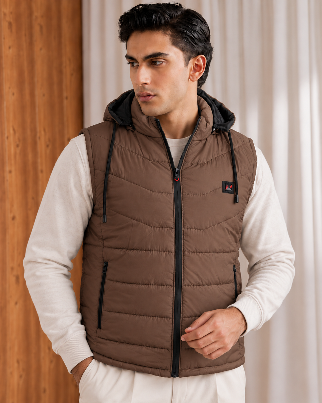 SLEEVLESS REMOVABLE & DETACHABLE JACKET-BROWN