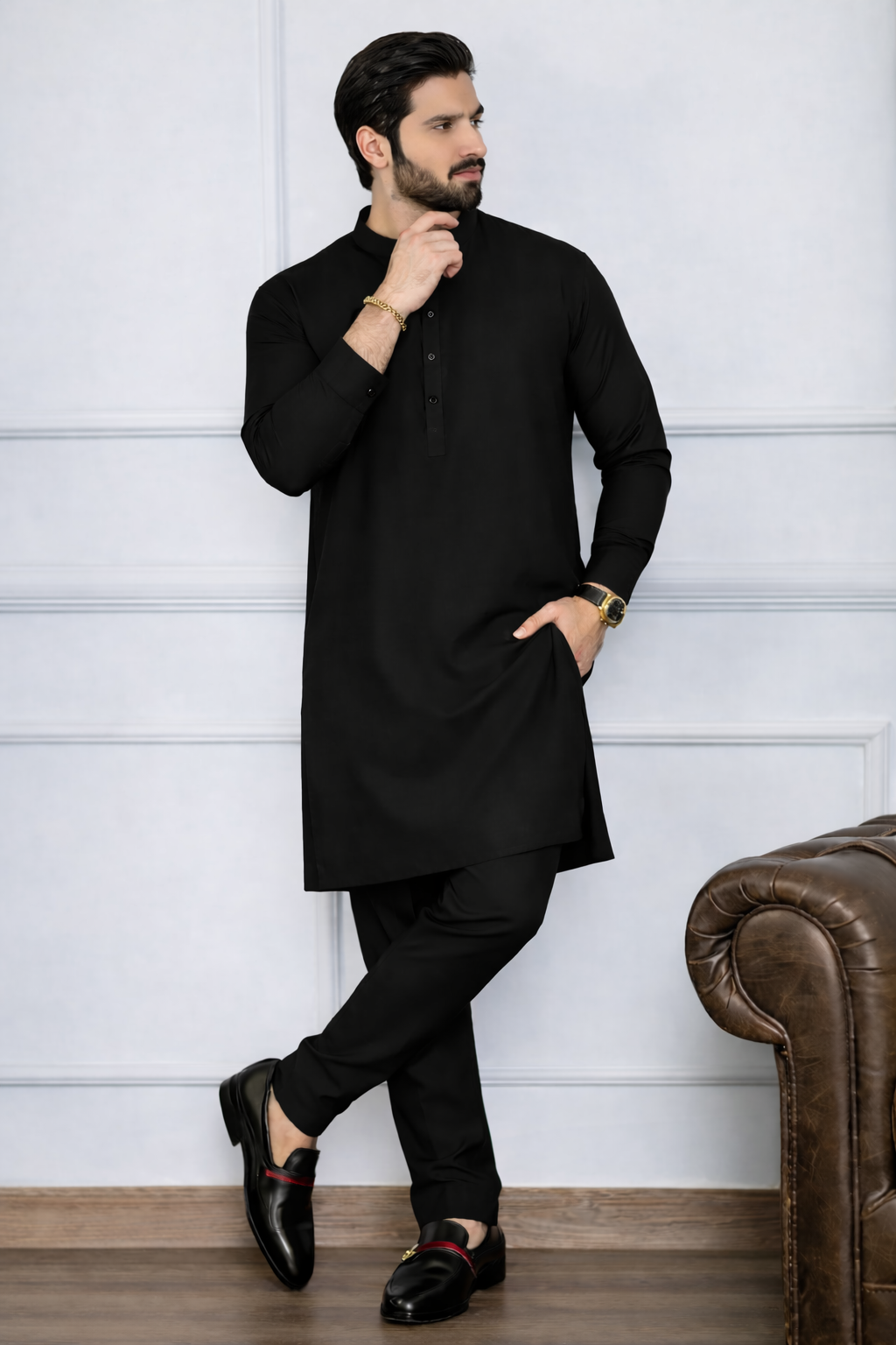 STITCHED ALL SEASON WASH&WEAR BAN SUIT-BLACK