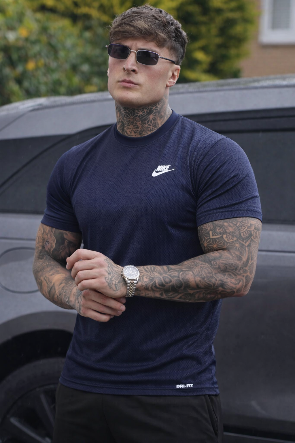 SMOOTH FLEX T-SHIRT WITH UNIQUE HALF SLEEVES DESIGN - NAVY BLUE