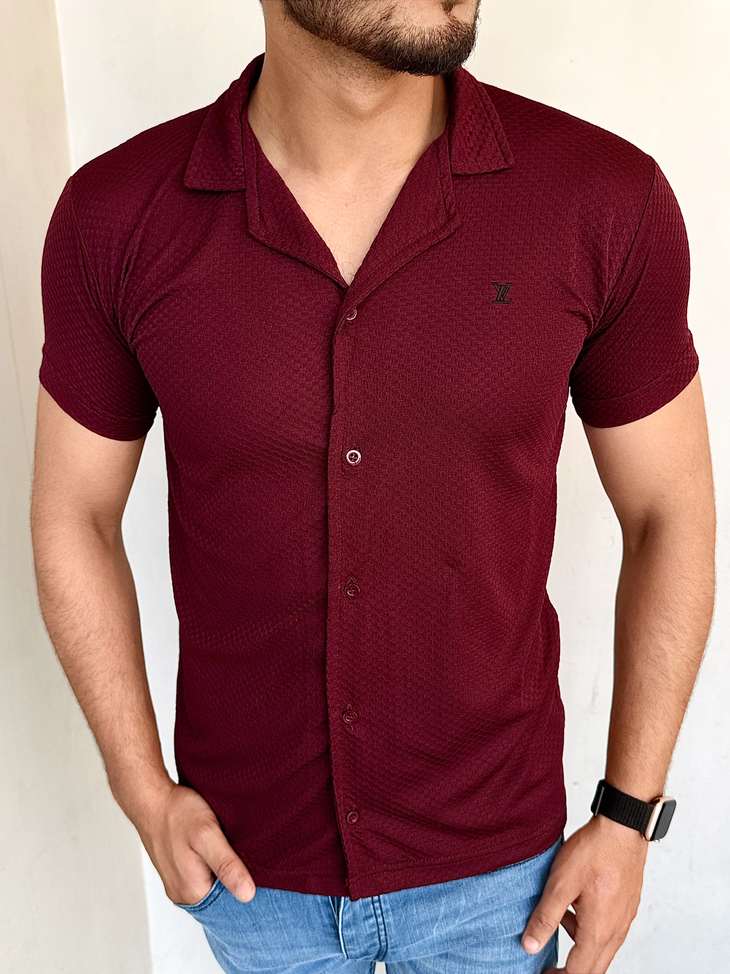 IMPORTED TEXTURE SAFARI SHIRT-MAROON
