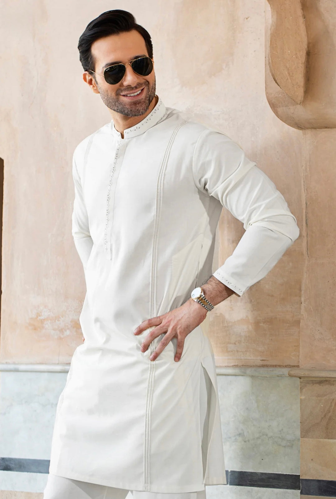 EGG-WHITE EMBROIDERY NECK BAN SLEEVE WITH ANKARA STITCH FRONT