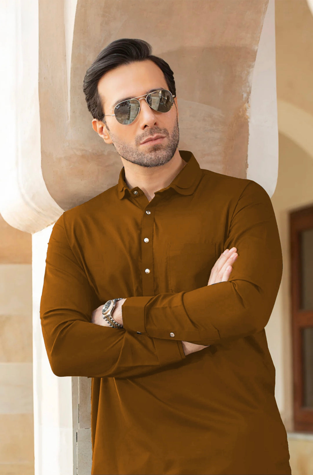 FESTIVE COLLECTION DOUBLE COLLAR BAN SUIT-NEON BROWN