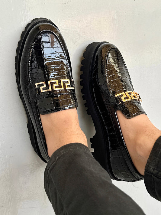 0022 BLACK ELEGANT HIGH SOLE SHOES-CROCODILE BLACK