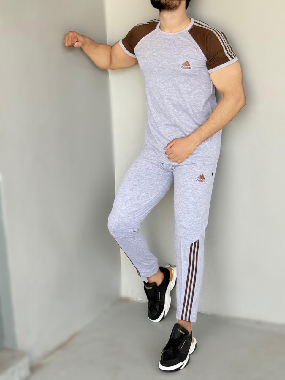 005 BROWN LOGO & BROWN PANEL COTTON TWINSET TRACKSUIT - GREY