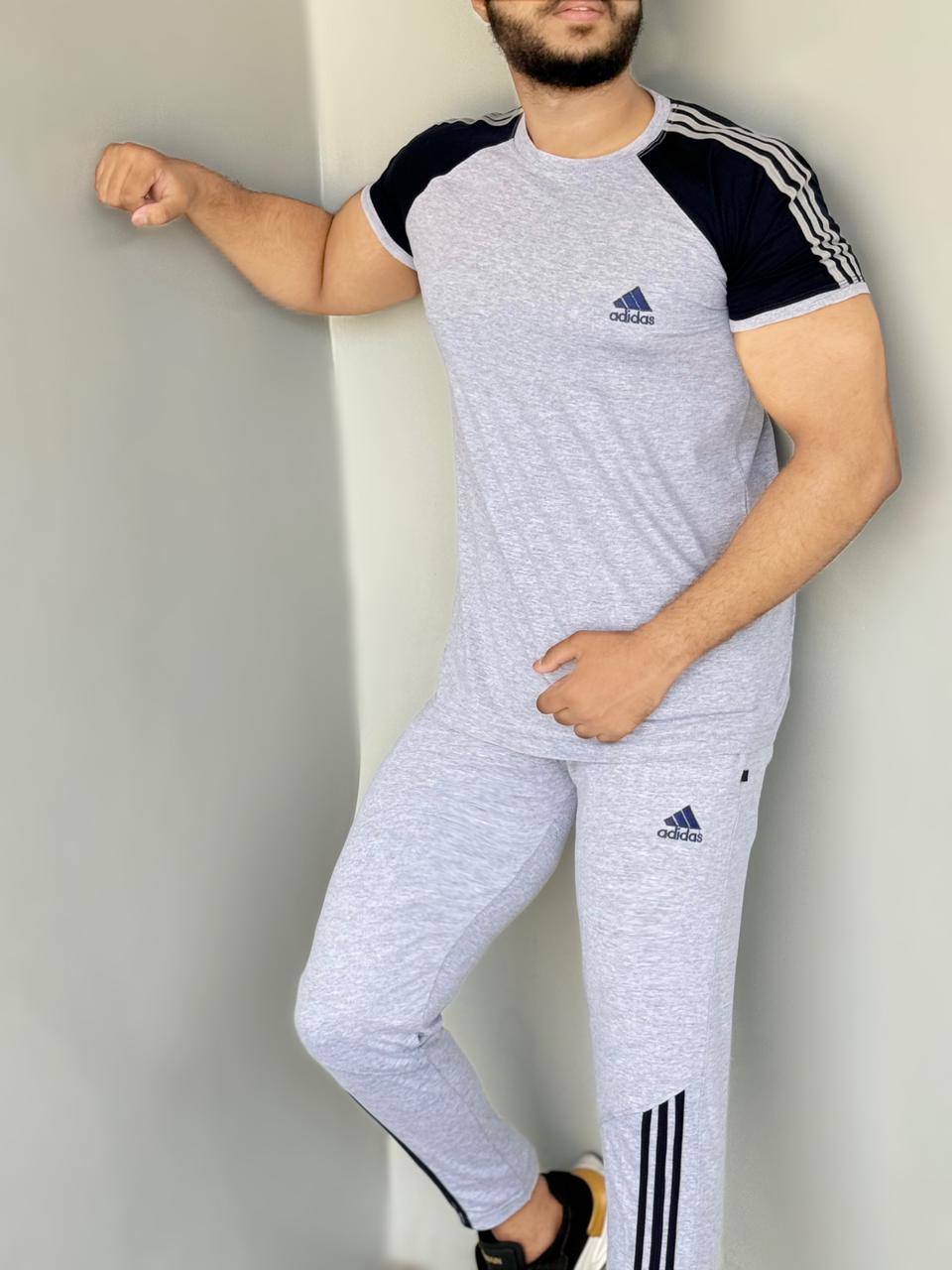 004 blue LOGO & BLUE PANEL COMFORTABLE FOR GYM WEAR COTTON TRACKSUIT - GREY